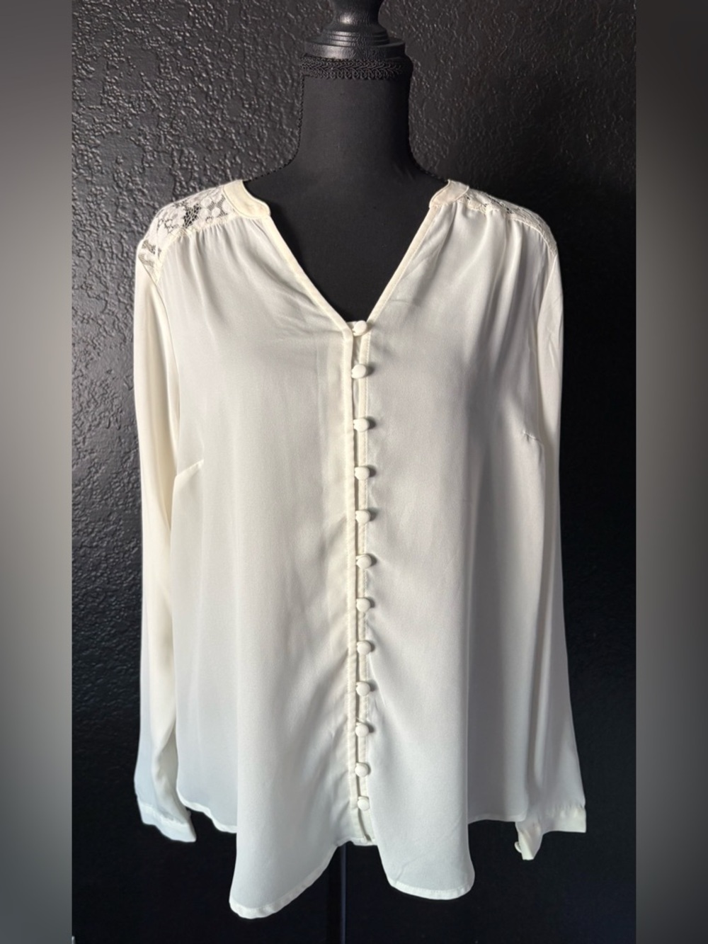 Ivory Button-Front Blouse with Lace-Trim Shoulders